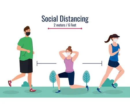 Social distancing between man and women with masks running at park vector design Ilustración de archivo