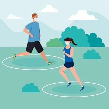 Social distancing between man and woman with masks running at park vector design Ilustración de archivo
