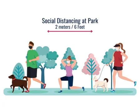 Social distancing between man and women with masks running at park vector design Ilustración de archivo