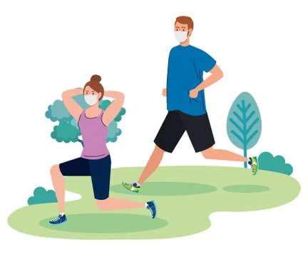 Social distancing between man and woman with masks running at park vector design Ilustración de archivo