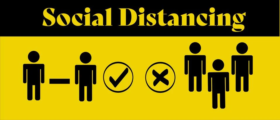 Social distancing concept comparison: Two people on bright yellow warning color 库存插图