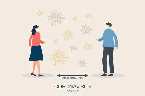 Social distancing. Concept man and woman with virus pathogens, keep distance  Stock Illustration