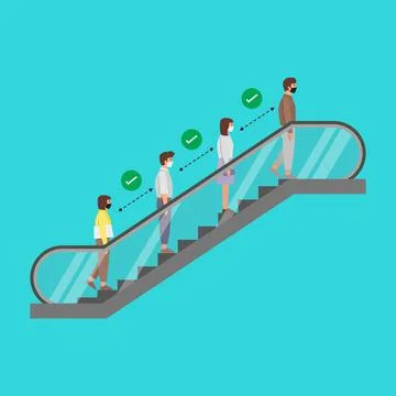 Social Distancing of peoples while standing on the escalator Stock Illustration