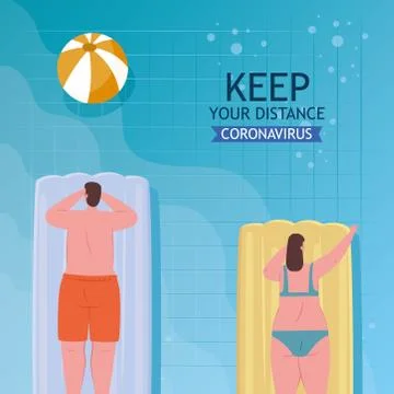 Social distancing on the pool, couple lying on float keep distance, new normal Stock Illustration