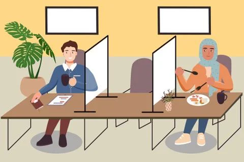 Social distancing rules in practice, alternate seating in local public food c Stock Illustration