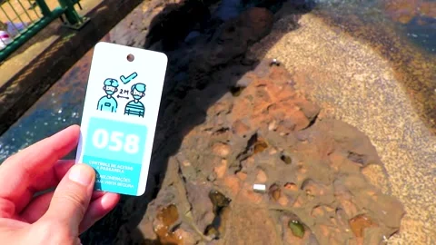 Social Distancing Sign and Numbered Ticket in Hand at Iguazu Falls Viewing .. Stock Footage 334700357