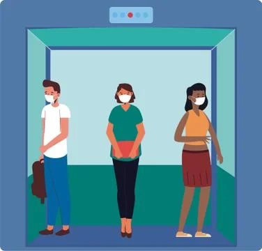 Social Distancing signs in the elevator during Coronavirus (Covid-19) pandemic. Stock Illustration