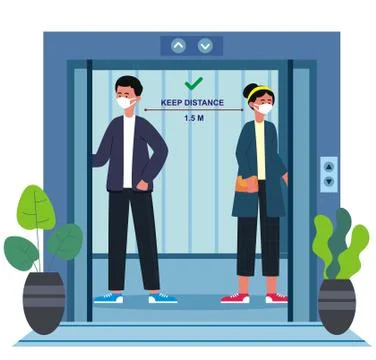 Social Distancing signs in the elevator during Coronavirus (Covid-19) pandemic. Stock Illustration