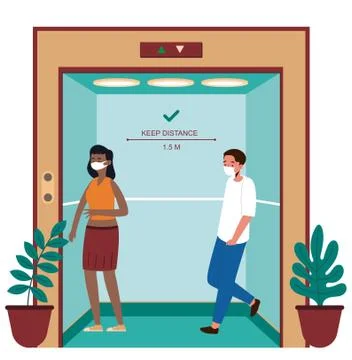 Social Distancing signs in the elevator during Coronavirus (Covid-19) pandemic. Stock Illustration