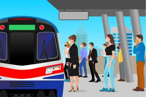 Social distancing while waiting electric train Illustrazione stock