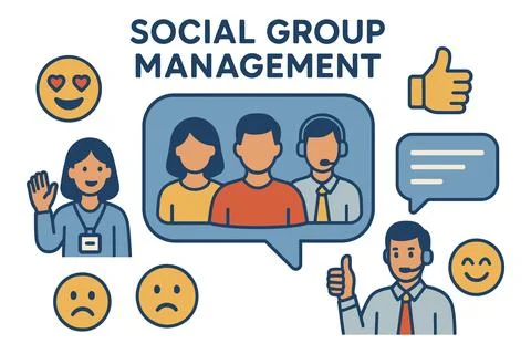 Social group management and communication with emojis and icons Stock Illustration