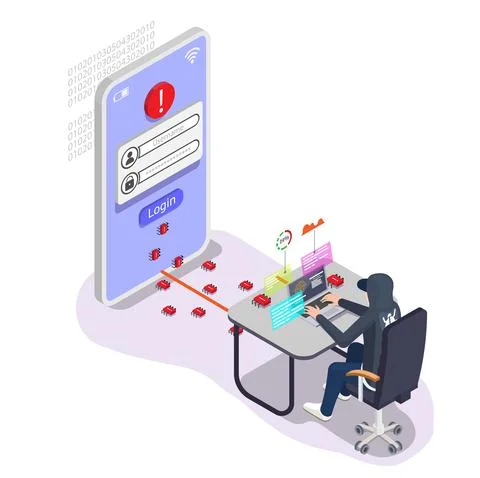 Social hacking, hacker access to social media account, vector isometric Stock Illustration