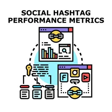 Social hashtag performance metrics analyzing engagement strategy Illustrazione stock