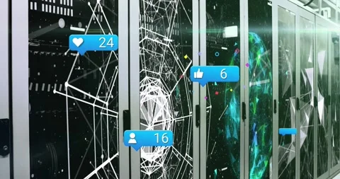 Social icons appearing above node driving polyhedron rotating breaking into mesh Video stock 326189466