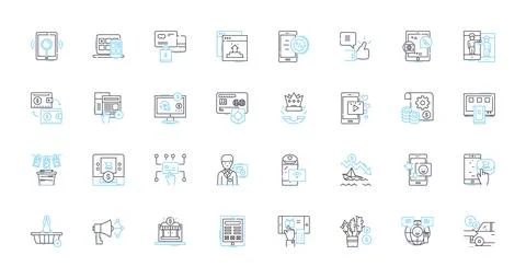 Social Imaging linear icons set. Selfie, Hashtag, Filter, Caption, Share, Like Stock Illustration