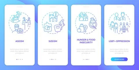 Social injustice examples blue gradient onboarding mobile app screen Illustrazione stock