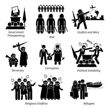 Social Issues World Problems Pictogram Icons. Illustrations depicts governmen Stock Illustration