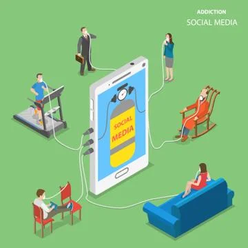 Social media addction flat vector isometric illustration. Stock Illustration