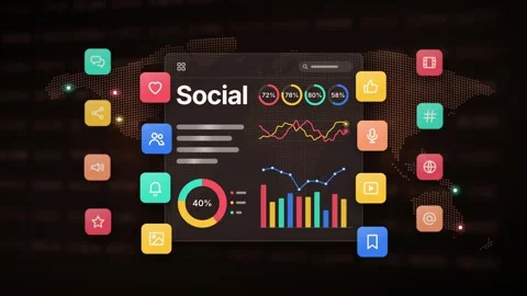 Social Media Ads Dashboard Horizontal Analytics Graph Dark Brown UI Colorful Stock Footage 345641897