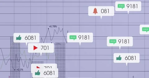 Social media analytics cluster floating on purple grid, displaying speech Stock Footage 328928394