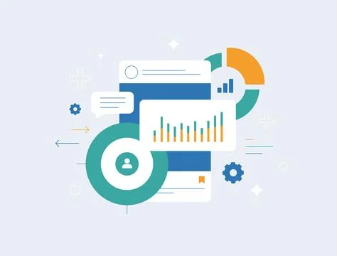 Social media analytics dashboard with graphs, user profile and engagement Stock Illustration