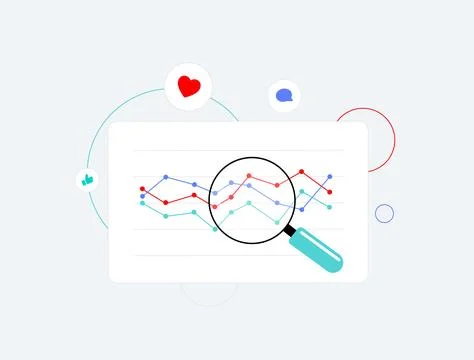 Social media analytics with graphs, magnifying glass and icons for likes Stock Illustration
