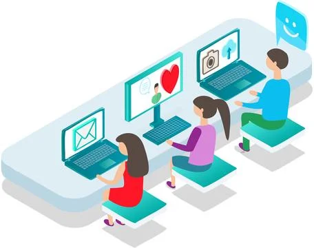 Social media application, people using mobile gadgets such as laptop, tablet pc Ilustración de archivo