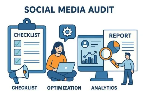 Social media audit checklist optimization analytics report business strategy Stock Illustration