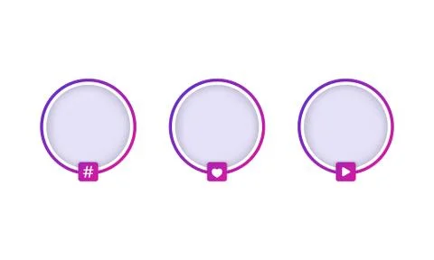 Social media avatar frames set. Story purple border. Live, hashtag. Video str Illustrazione stock
