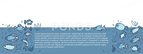 Social media banner template with fish collection. Cute aquarium fish charact Stock Illustration