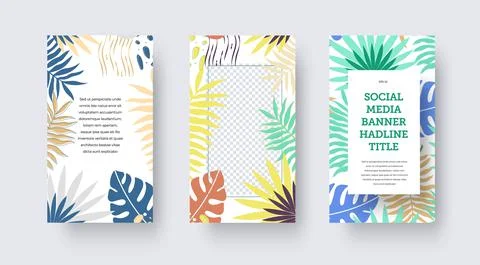 Social media banner, vector post, stories with tropical, exotic leaves, brigh Stock Illustration