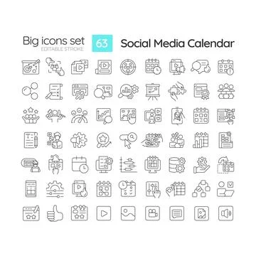 Social media calendar linear icons set Stock Illustration