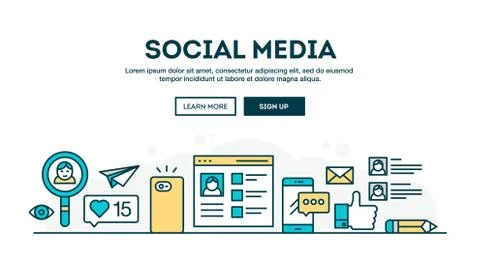 Social media, colorful concept header, flat design thin line style Stock Illustration