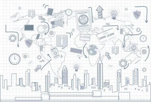Social Media Communication Internet Network Connection Over City Skyscraper V Stock Illustration