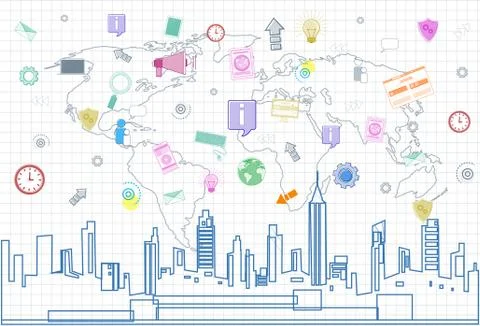 Social Media Communication Internet Network Connection Over City Skyscraper View Ilustración de archivo
