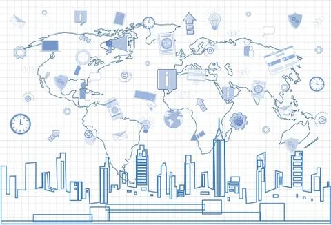 Social Media Communication Internet Network Connection Over City Skyscraper View Ilustración de archivo
