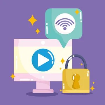 Social media, computer content internet security in cartoon style Stock Illustration