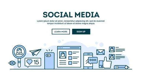 Social media, concept header, flat design thin line style Stock Illustration