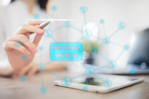 Social media concept on virtual screen. Global Communication network. 스톡 사진