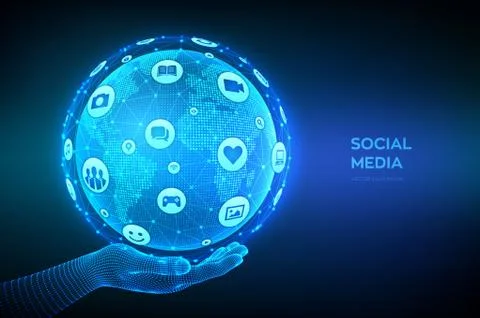 Social media connection concept. Wireframe sphere made from a different socia Stock Illustration