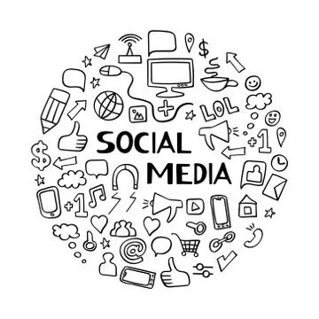 Social media doodle elements on white background Stock Illustration