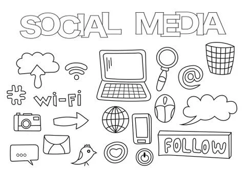 Social media elements hand drawn set. Coloring book template.  Outline doodle Illustrazione stock