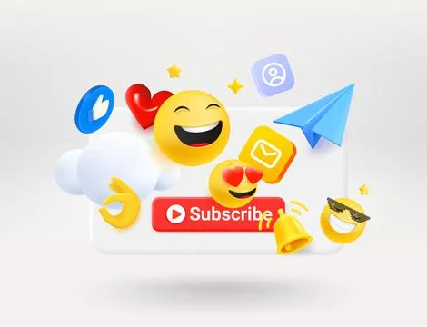 Social media elements. Red button, blue plane, emojis, icons. Subscribe con.. イラスト素材