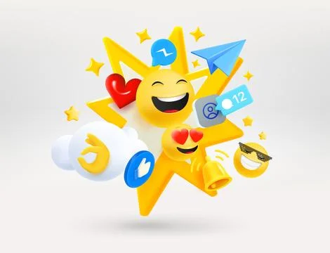 Social media elements. Red button, blue plane, emojis, icons. Subscribe con.. Stock Illustration