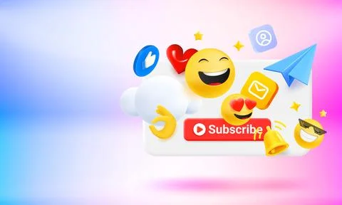 Social media elements. Red button, blue plane, emojis, icons. Subscribe con.. Stock Illustration