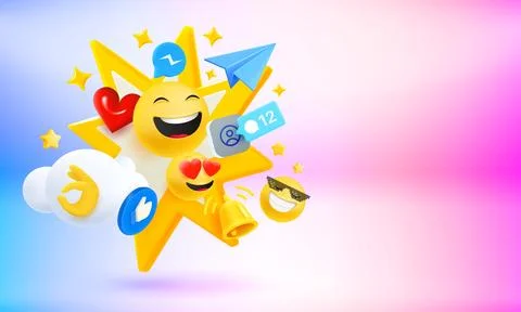 Social media elements. Red button, blue plane, emojis, icons. 3d vector ban.. イラスト素材