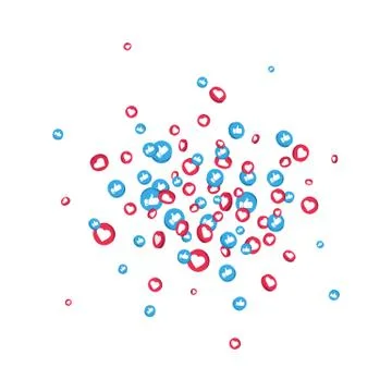 Social media falling elements. Like and thumbs up icons explosion on white ba イラスト素材