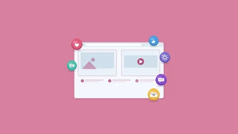 Social media feed in browser with posts and 3D icons, rose pink Vidéo 342598456
