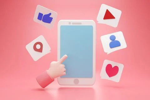 Social media with hand pointing to empty blue display space for text advertis Stock Illustration