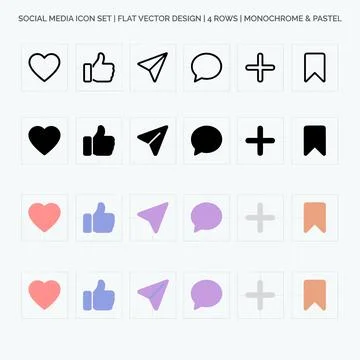 Social media icon set featuring heart, thumbs up, paper plane, chat bubble,.. Иллюстрация